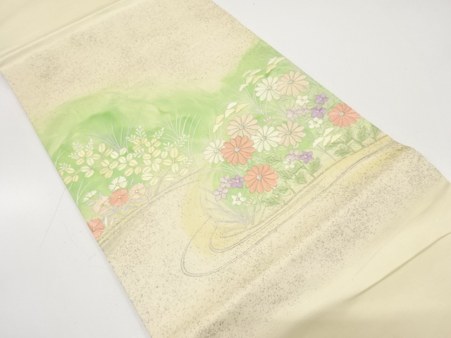 流水に菊・秋草模様　刺繍　開き名古屋帯（額縁仕立て）